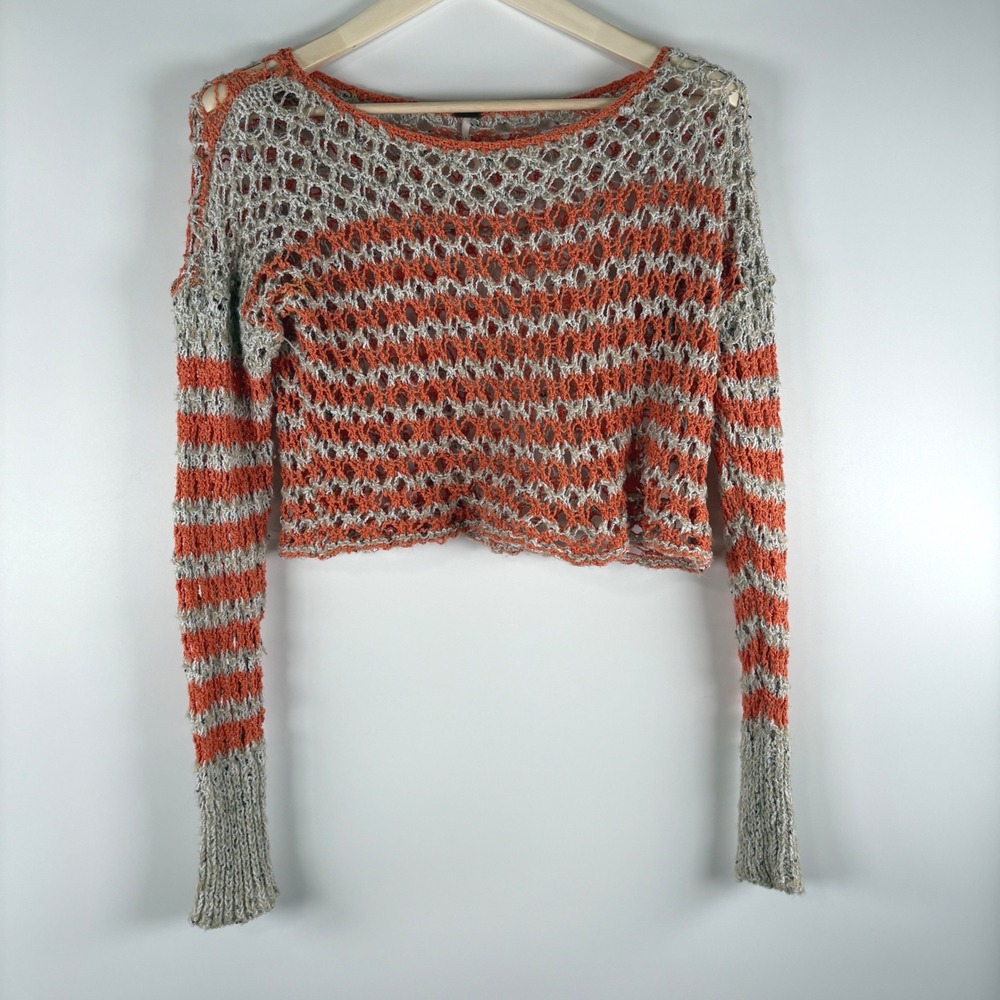 Free People Cropped Sweater Womens M Crochet Open Knit Orange Gray Striped Boho
